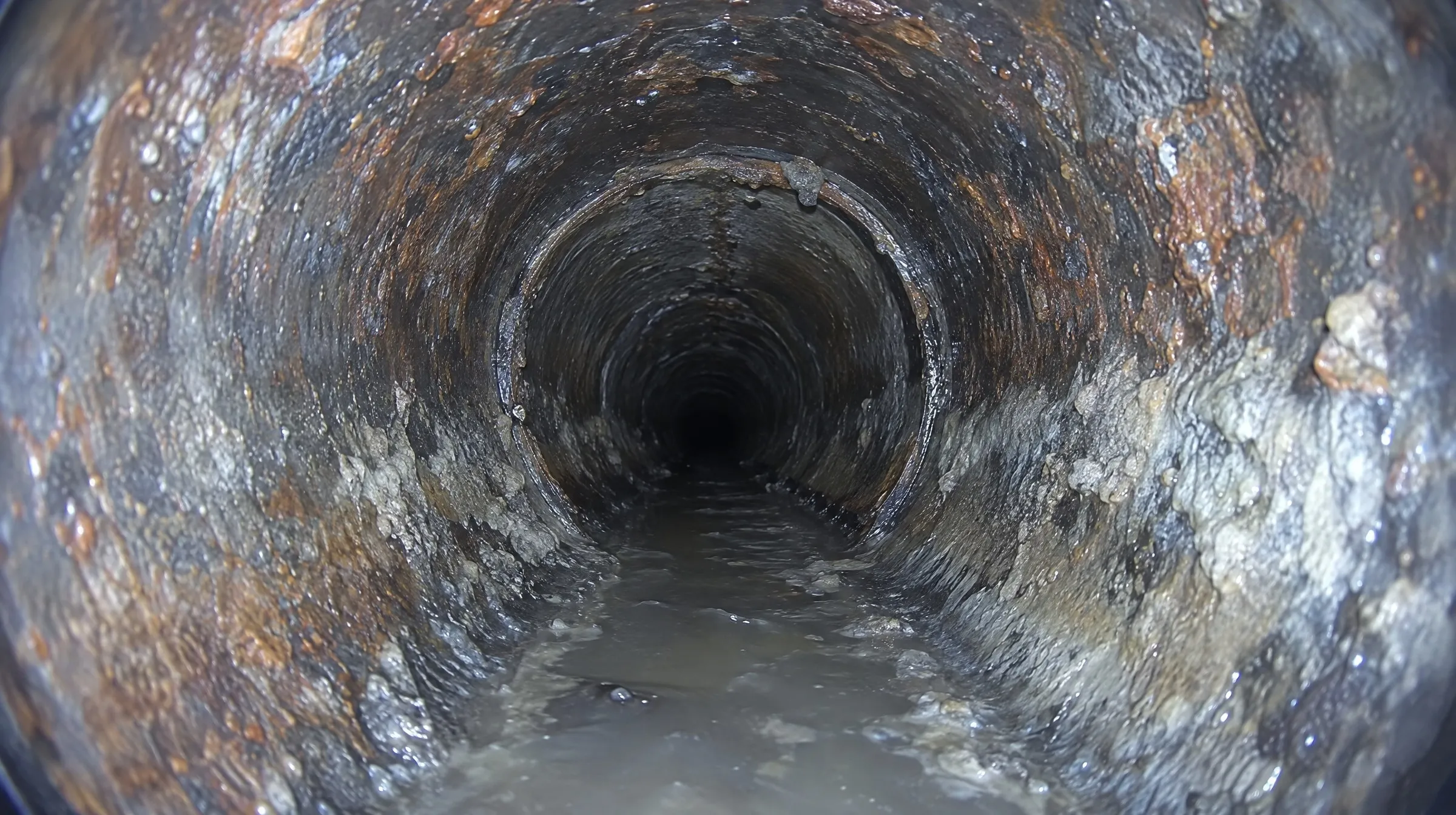 Vue caméra d'une canalisation en fonte couverte de tartre et de graisse