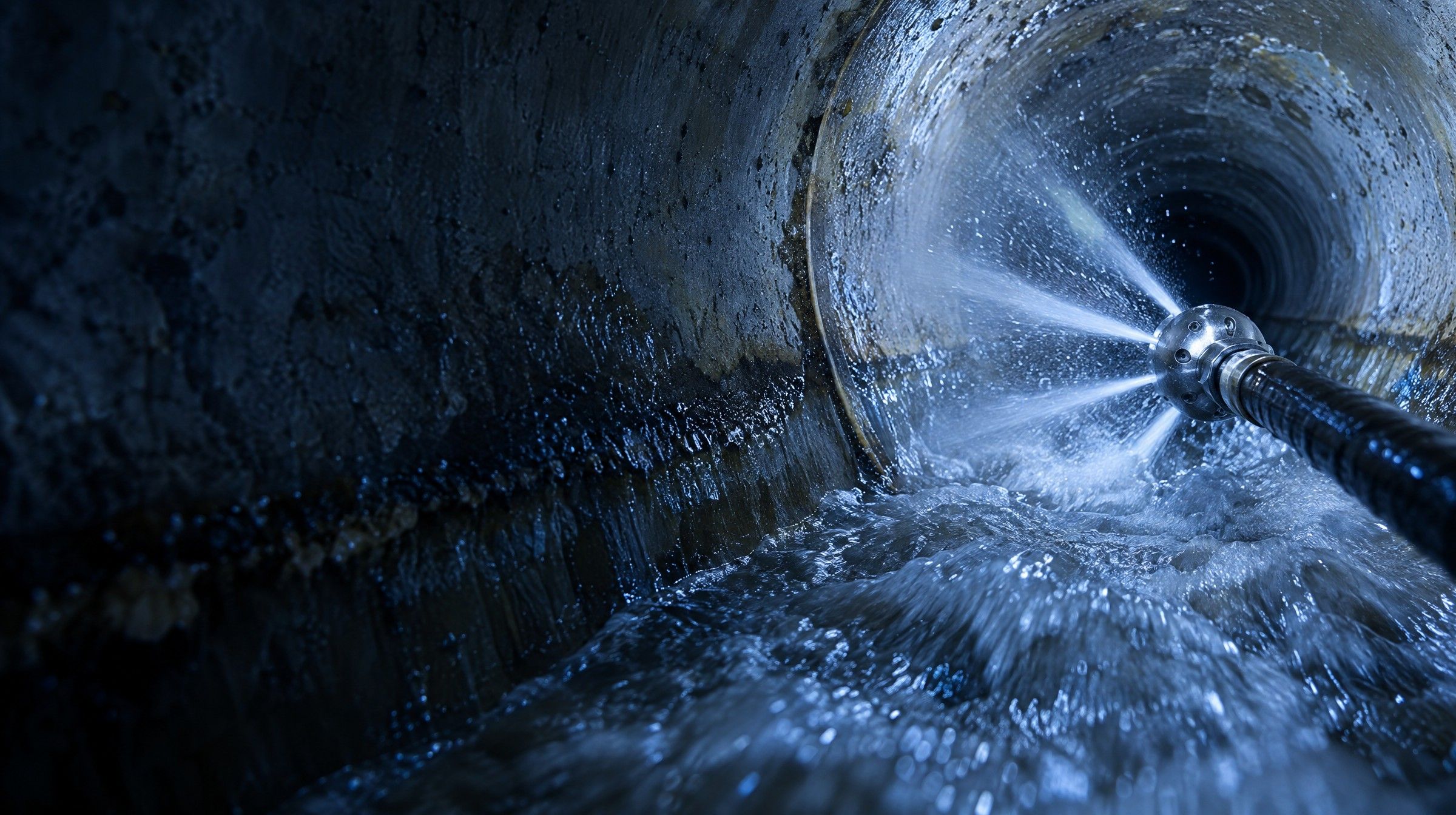 Buse d'hydrocurage projetant des jets d'eau à haute pression à l'intérieur d'une canalisation en béton